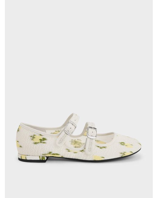 Charles & Keith White Mesh Floral Mary Jane Flats