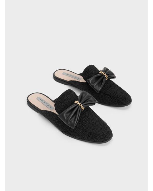 Charles & Keith Black Tweed Chain-link Bow Loafer Mules