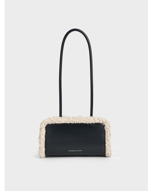 Charles & Keith White Fur-trim Elongated-handle Shoulder Bag