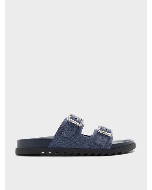 Charles & Keith Blue Denim Gem-Buckle Double-Strap Sandals