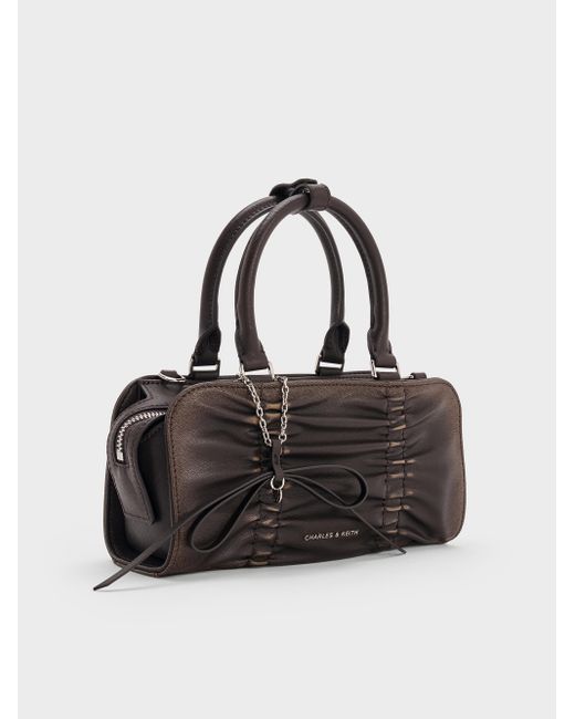 Charles & Keith Black Kadee Ruched Bow-Charm Bowling Bag