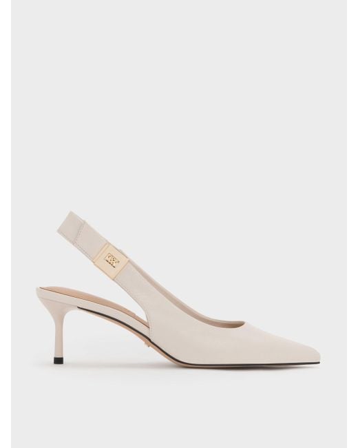Charles & Keith White Cody Leather Pointed-Toe Kitten-Heel Slingback Pumps