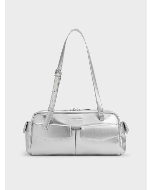 Charles & Keith White Rachel Elongated Multi-Pocket Shoulder Bag