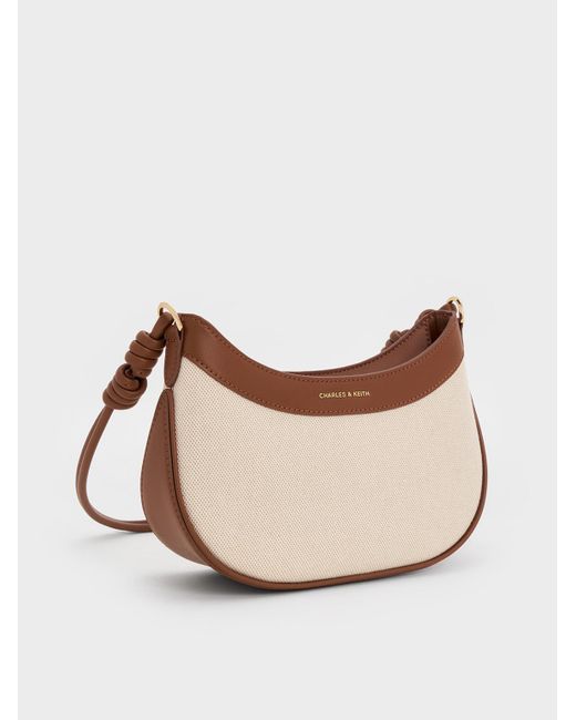 Charles & Keith Natural Sabine Canvas Knotted-Strap Curved Shoulder Bag