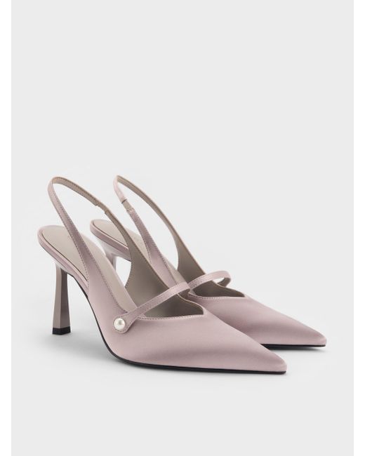 Charles & Keith Pink Helena Recycled Polyester Pearl-buckle Pointed-toe Slingback Pumps