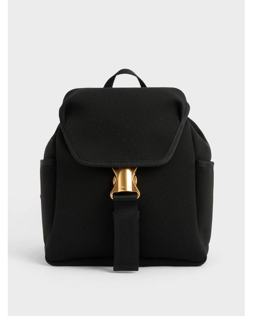 Charles & Keith Knit & Nylon Metallic Buckle Backpack in Black Lyst