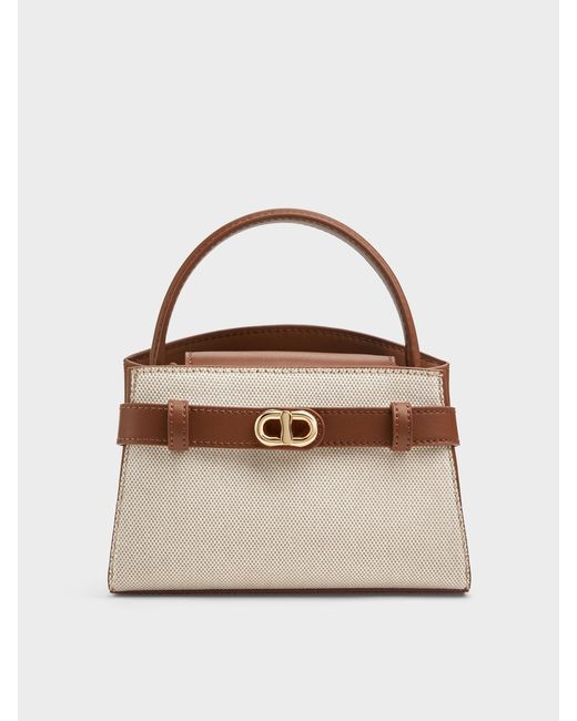 Charles & Keith Natural Aubrielle Canvas Belted Top Handle Bag