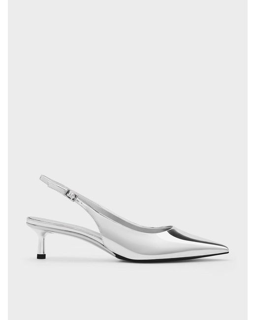 Charles & Keith White Curtis Metallic Slingback Kitten Heels