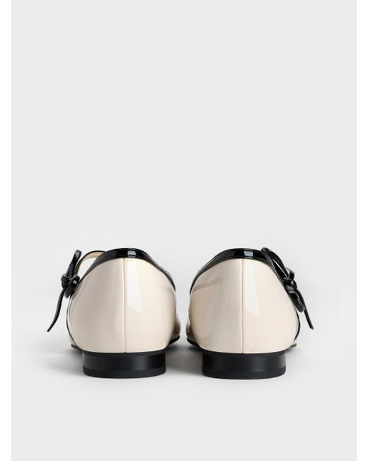 Charles & Keith White Patent Contrast-trim Pointed-toe Bow-strap Flats