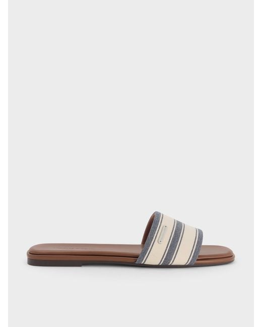Charles & Keith White Striped Square-Toe Slide Sandals