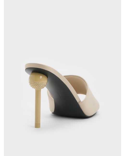 Charles & Keith Natural Satin Crystal-Embellished Ball-Heel Mules