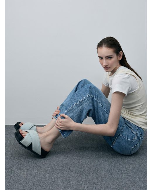 Charles & Keith Blue Denim Crossover-Strap Flatform Sandals