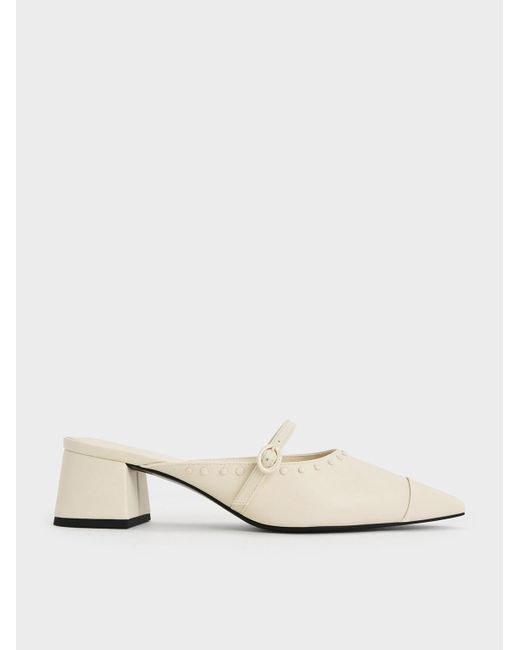 Charles & Keith Natural Studded Pointed-toe Block Heel Mules