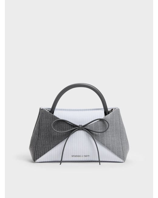 Charles & Keith Gray Hazel Striped Bow Panelled Top Handle Bag