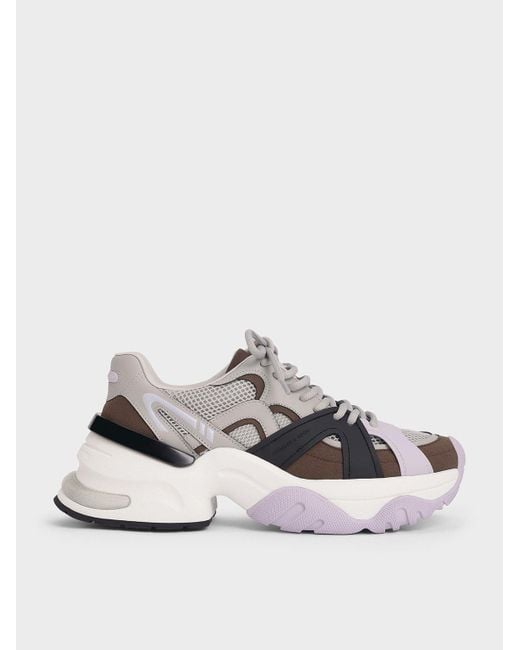 Charles & Keith Brown Mesh Contrast-Trim Chunky Sneakers