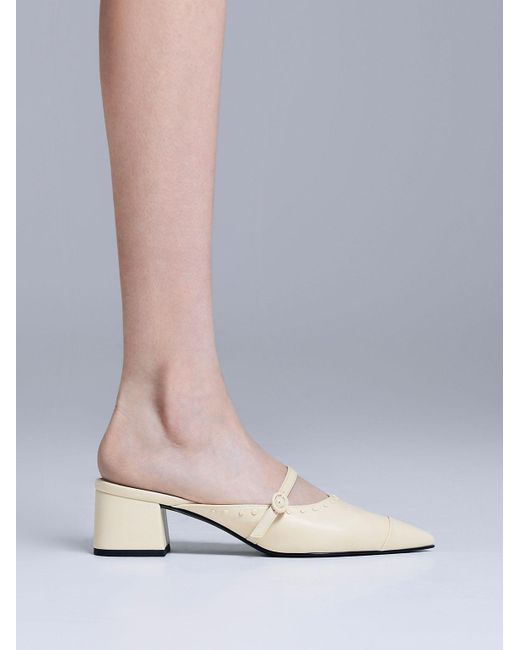 Charles & Keith Natural Studded Pointed-toe Block Heel Mules