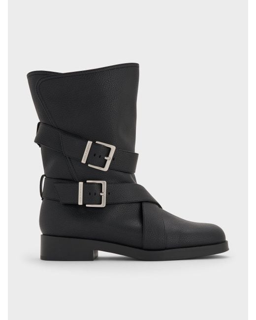 Charles & Keith Black Brett Buckle-Strap Calf Boots
