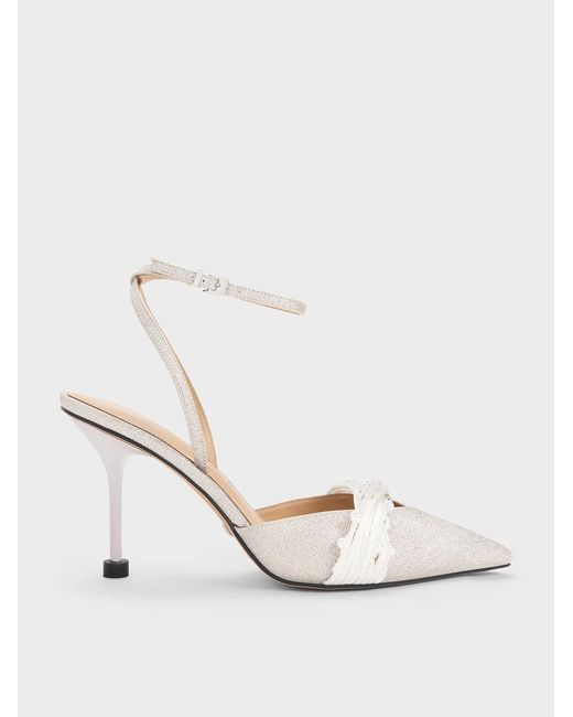 Charles & Keith White Leda Beaded Glittered Ankle-strap Pumps