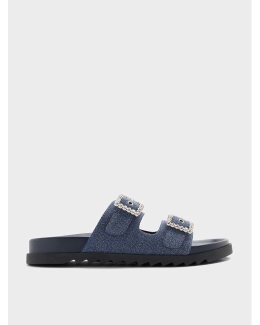 Charles & Keith Blue Denim Gem-Buckle Double-Strap Sandals