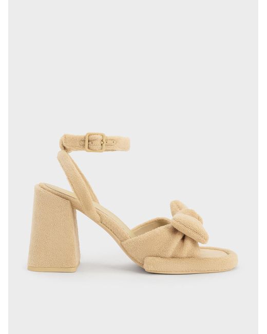 Charles & Keith Natural Loey Textured Bow Ankle-strap Sandals