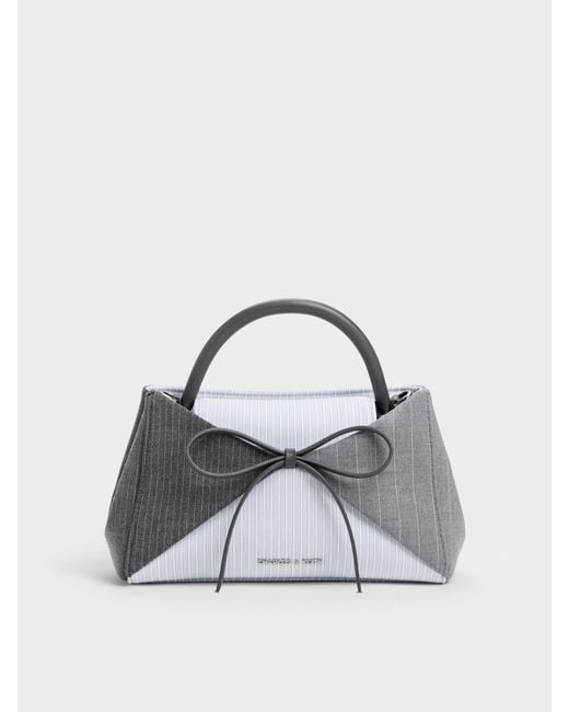 Charles & Keith Gray Hazel Striped Bow Panelled Top Handle Bag