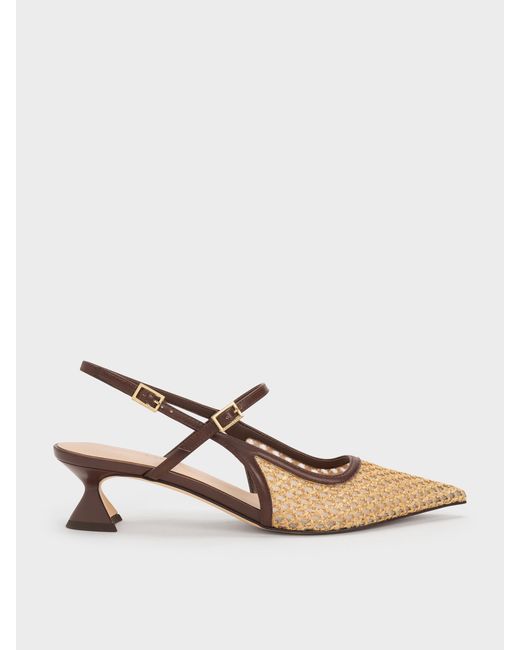 Charles & Keith Natural Raffia Sculptural-heel Slingback Pumps
