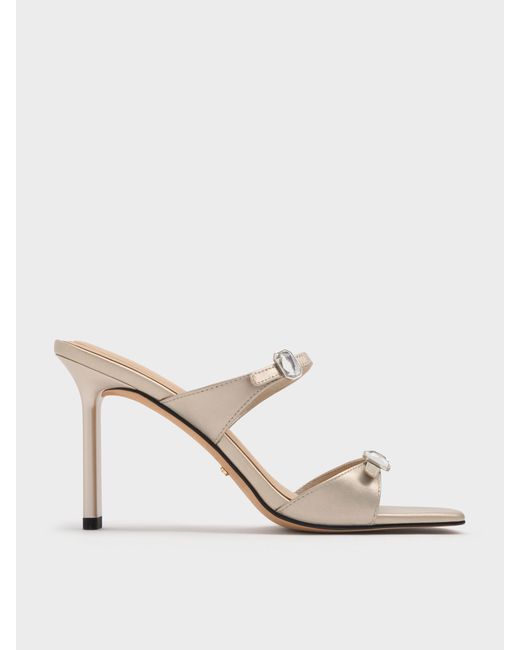 Charles & Keith White Pearlescent Leather Gem-Buckle Heeled Sandals
