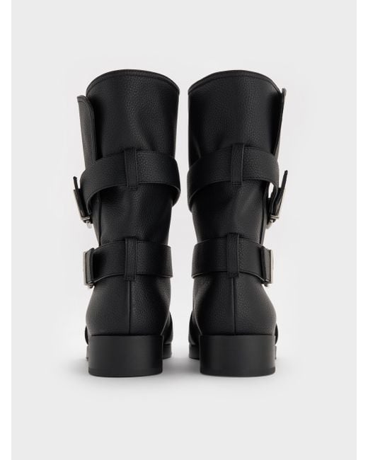 Charles & Keith Black Brett Buckle-Strap Calf Boots