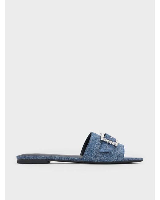 Charles & Keith Blue Denim Gem-buckle Square-toe Slide Sandals
