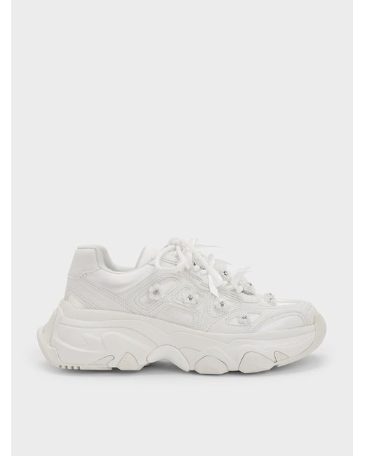 Charles & Keith White Gaskell Flower-Embellished Chunky Sneakers