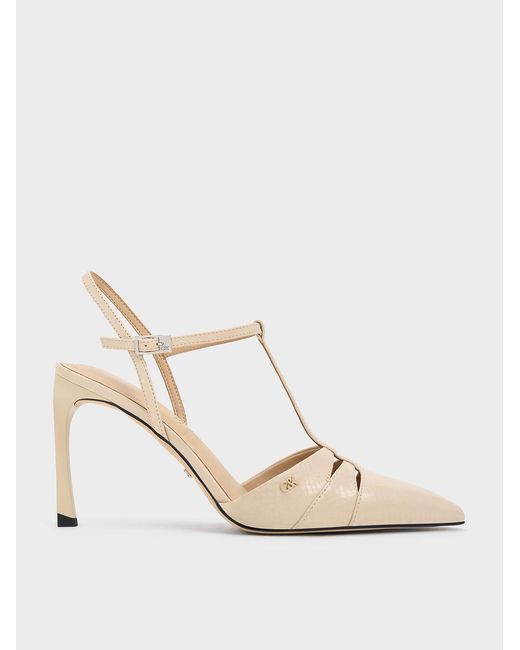 Charles & Keith Natural Leather Snake-Print T-Bar Pointed-Toe Pumps