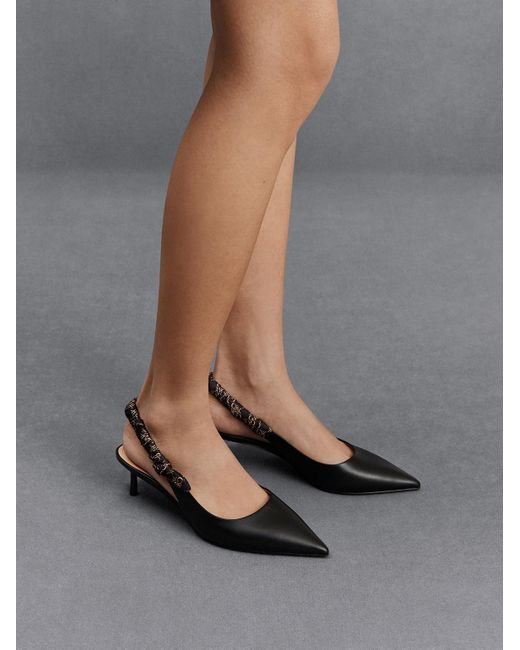 Charles & Keith Black Leather Ruched-strap Slingback Pumps