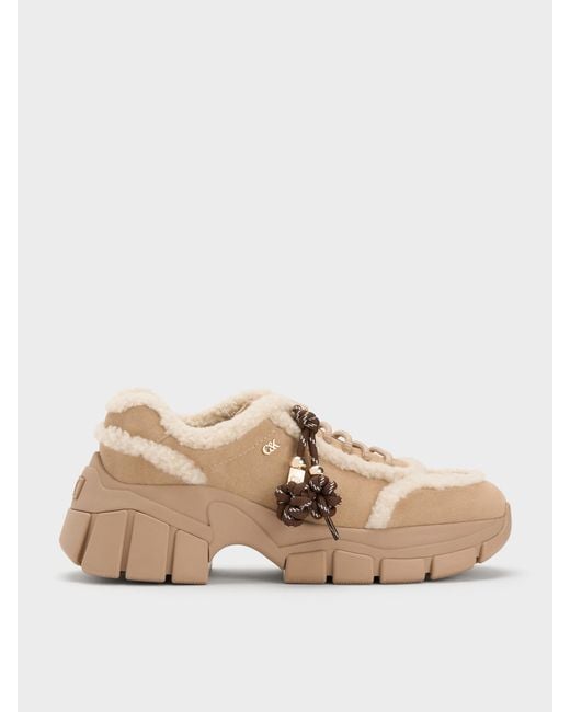Charles & Keith Natural Yunna Suede & Faux Shearling Chunky Sneakers