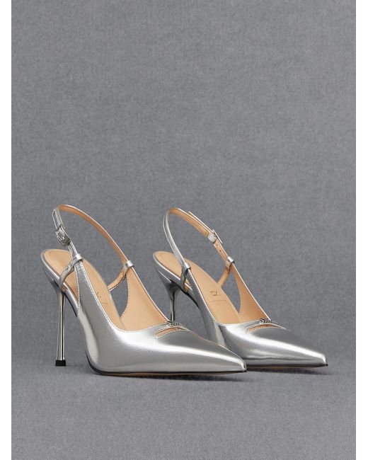 Charles & Keith Gray Metallic Leather Pointed-toe Slingback Pumps