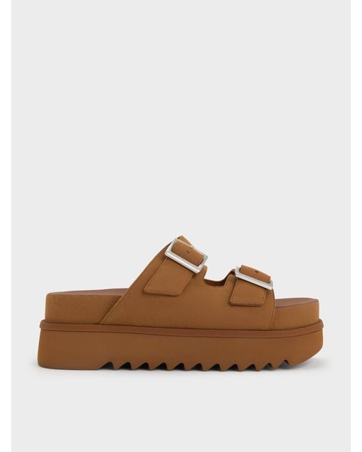 Charles & Keith Brown Buckled Double-Strap Flatform Sandals