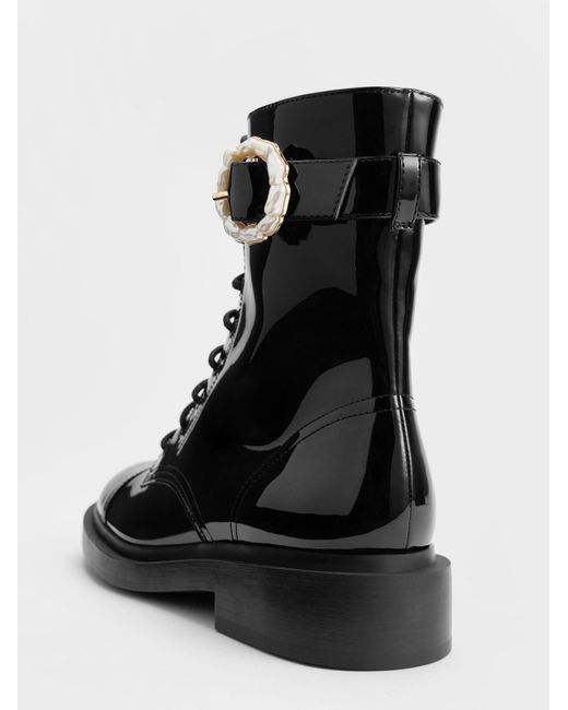 Charles & Keith Black Patent Pearl Buckle Lace-up Ankle Boots