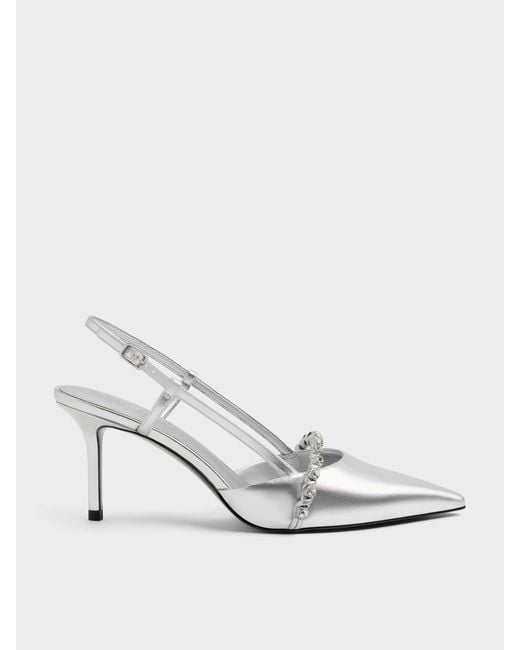 Charles & Keith White Metallic Crystal Slingback Pumps