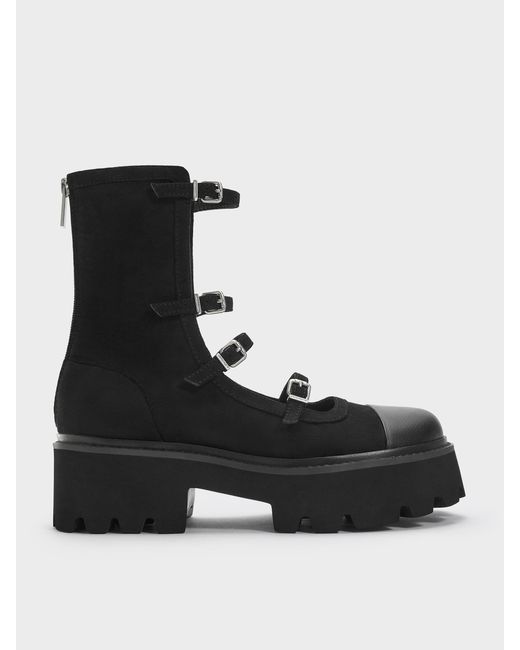 Charles & Keith Black Celia Faux Suede Multi-Strap Calf Boots