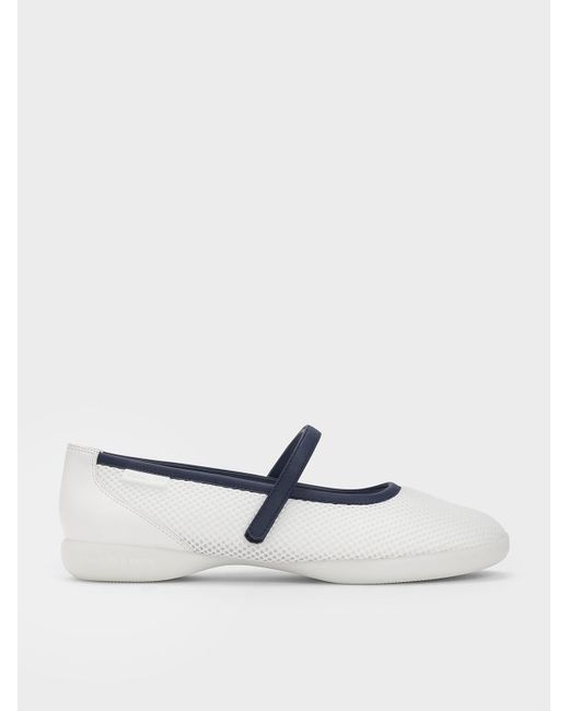 Charles & Keith White Mesh Contrast-Trim Mary Jane Sneakers