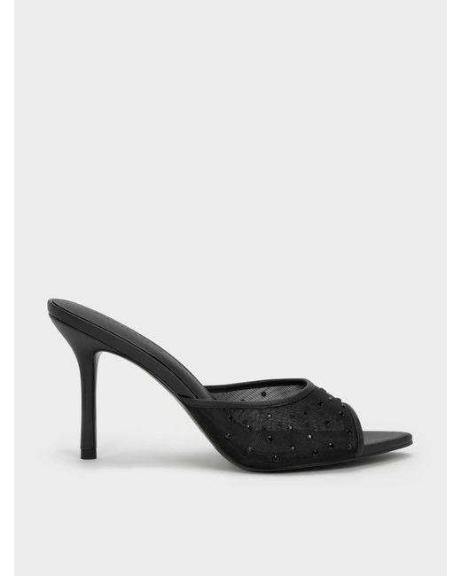 Charles & Keith Black Mesh Crystal Peep-Toe Heeled Mules
