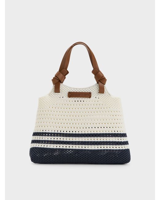 Charles & Keith White Mini Ida Striped Knitted Tote Bag