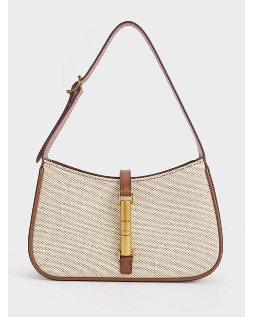 Charles & Keith Natural Cesia Canvas Metallic Accent Shoulder Bag