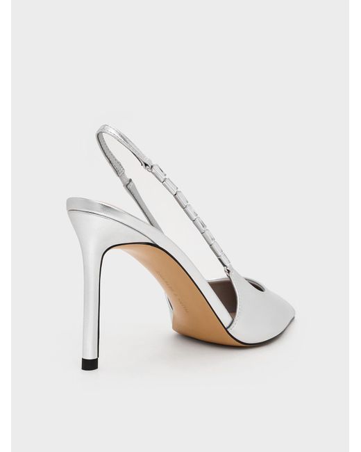Charles & Keith White Metallic Embellished-Strap Pointed-Toe Slingback Pumps