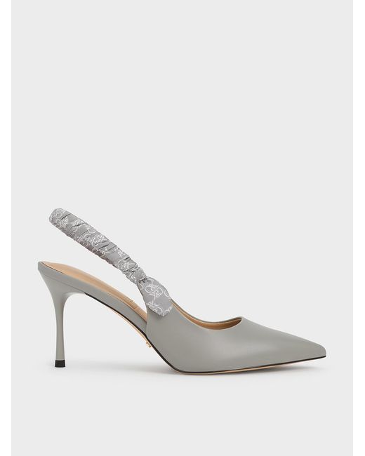 Charles & Keith White Tully Leather Ruched Print Slingback Pumps