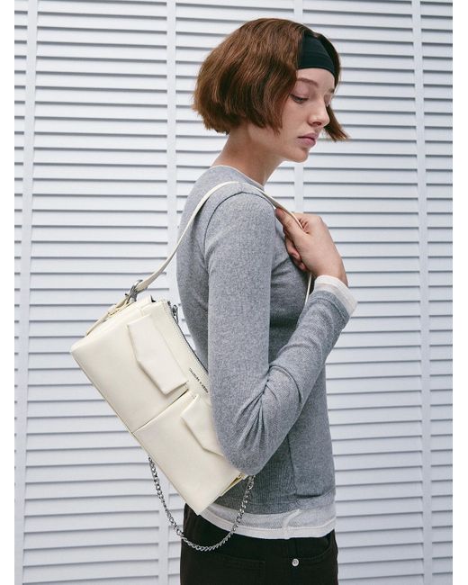 Charles & Keith Natural Rachel Elongated Front-Pocket Chain-Handle Bag