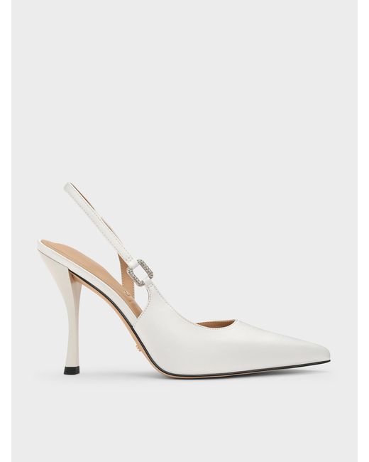 Charles & Keith White Crystal-Buckle Slingback Pumps