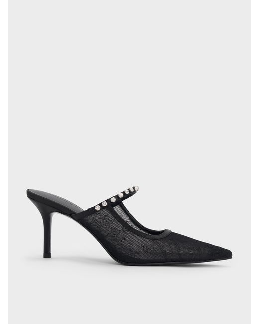 Charles & Keith Black Lace & Satin Crystal Heeled Mules