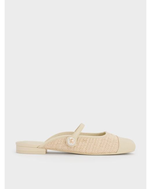 Charles & Keith Natural Aeryn Raffia Pearl-Embellished Slip-On Mary Janes