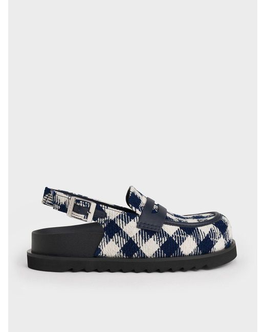 Charles & Keith Blue Checkered Slingback Penny Loafers