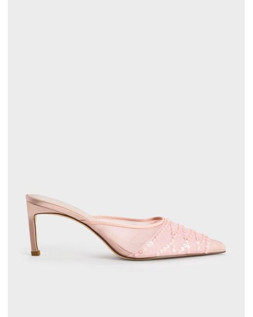 Charles & Keith Pink Mesh Sequinned Heeled Mules